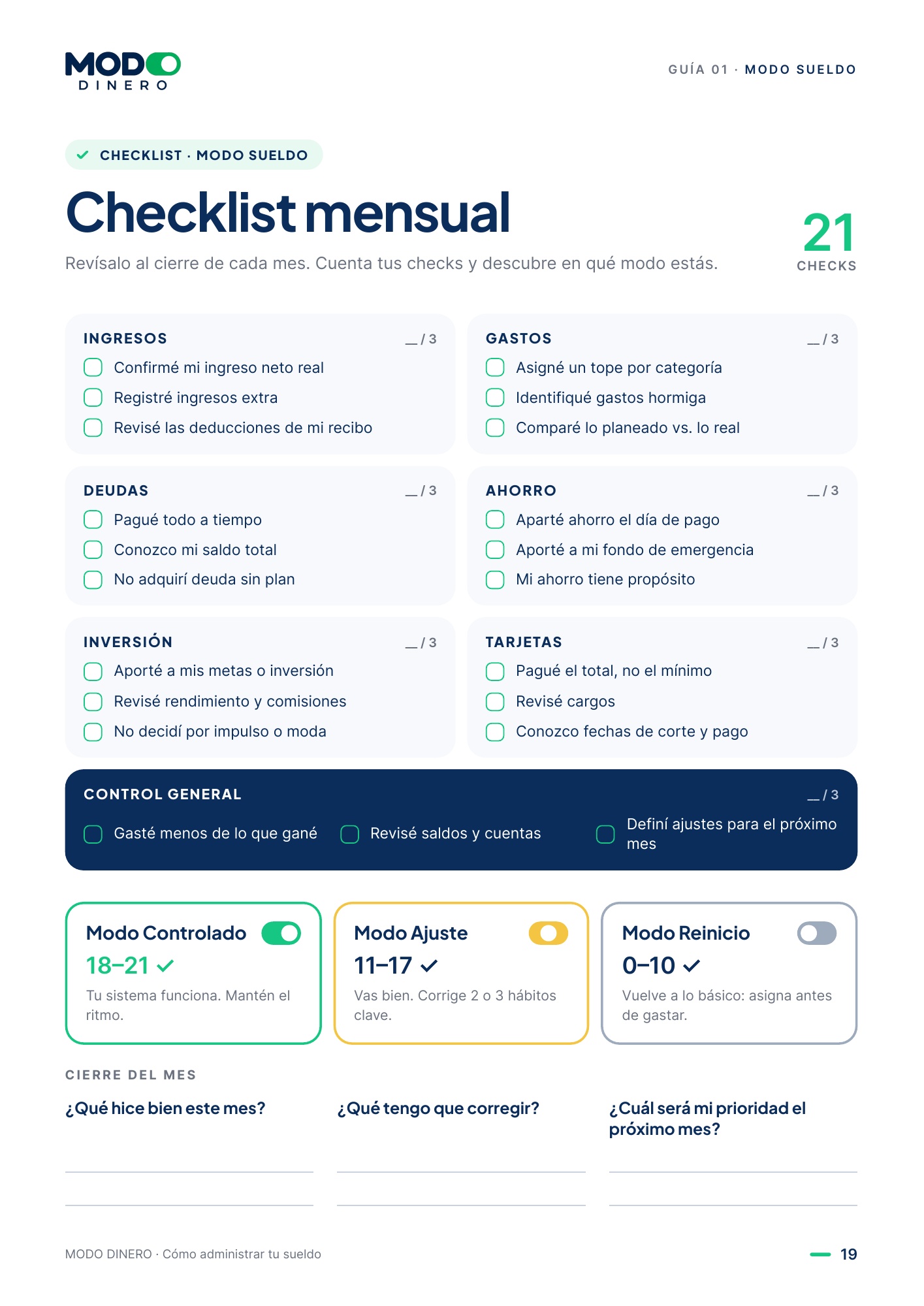 Página de la guía: Checklist mensual